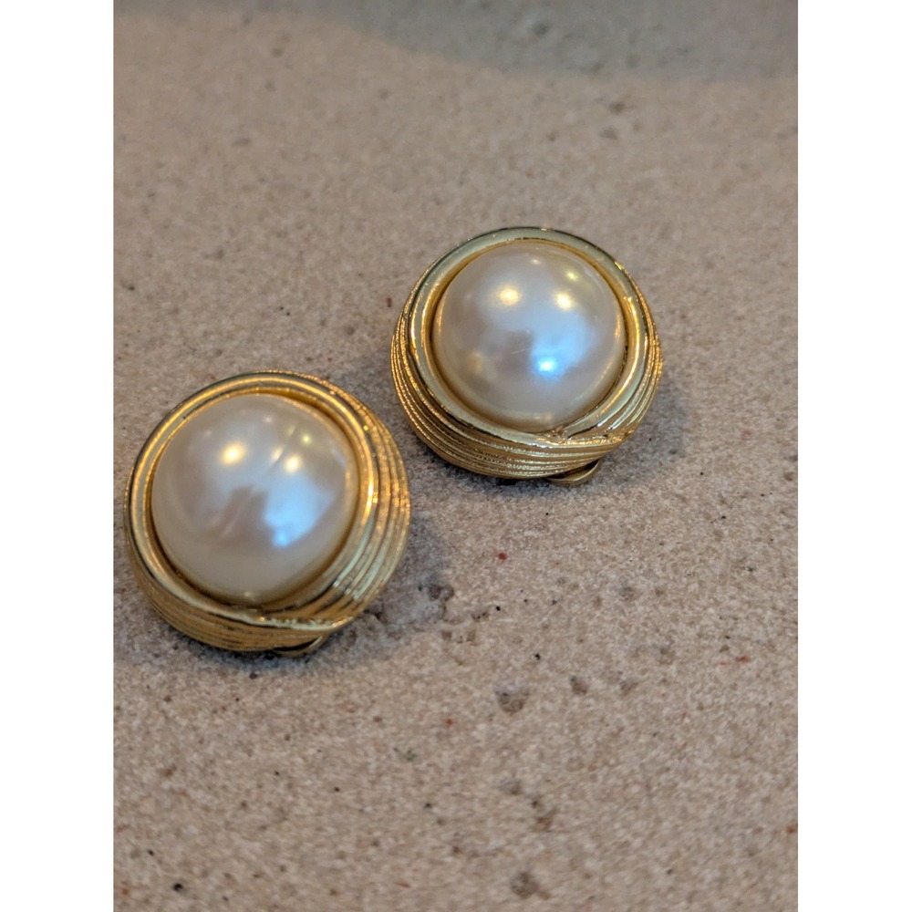 Vintage GLAM Clip On Earrings Gold Tone Faux Pearl Dome Runway Studs 1"